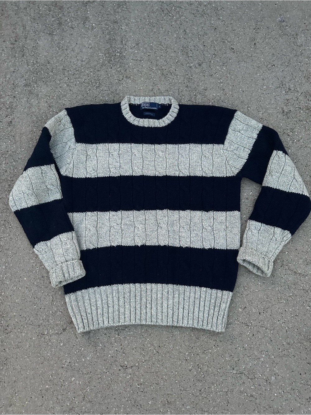 Vintage Polo Ralph Lauren Mens 100% Wool Gray Navy Striped Sweater Size XL